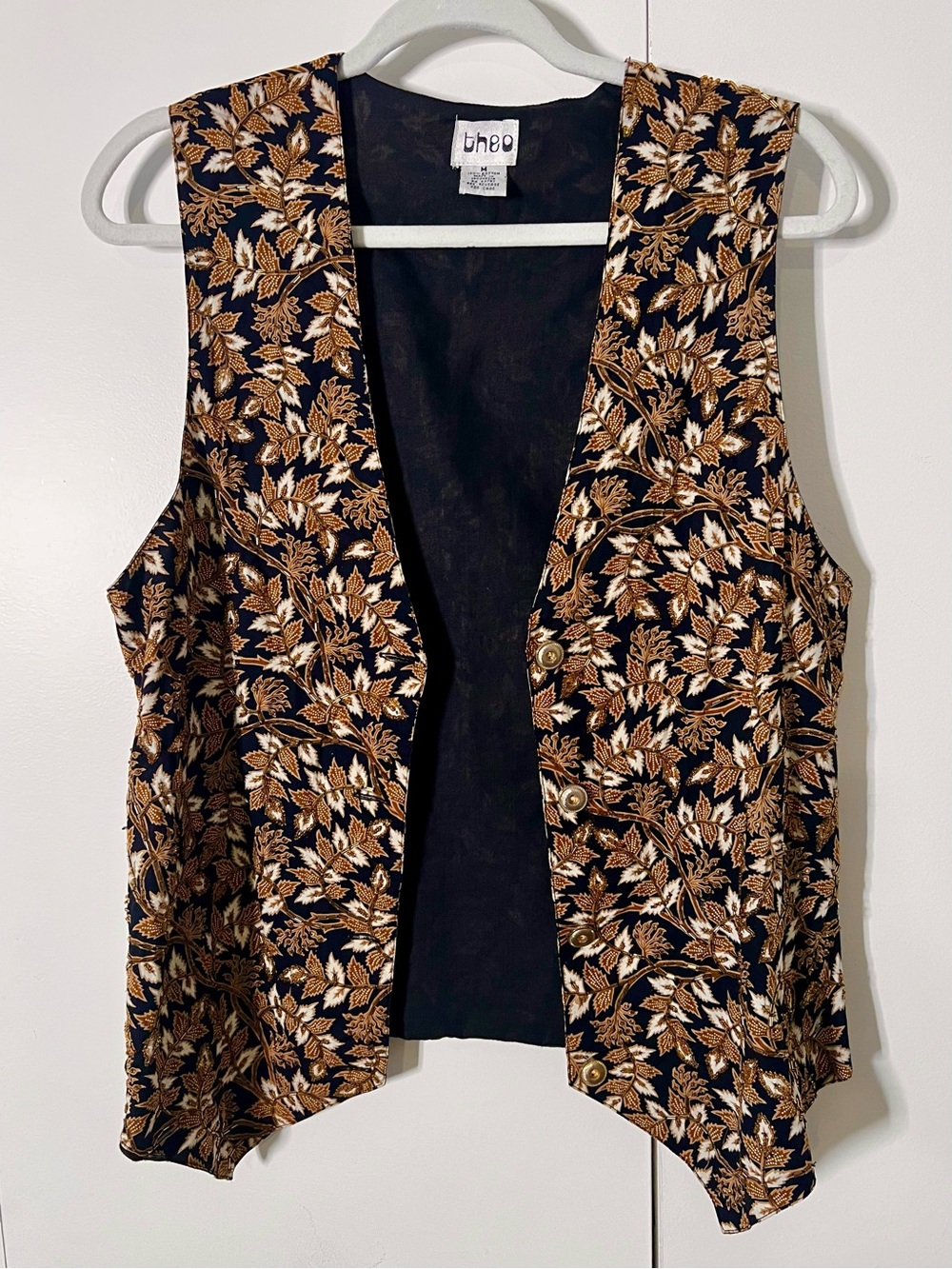 Theo Black Beaded Vintage Batik Vest with Gold & Tan Leaf Jacquard